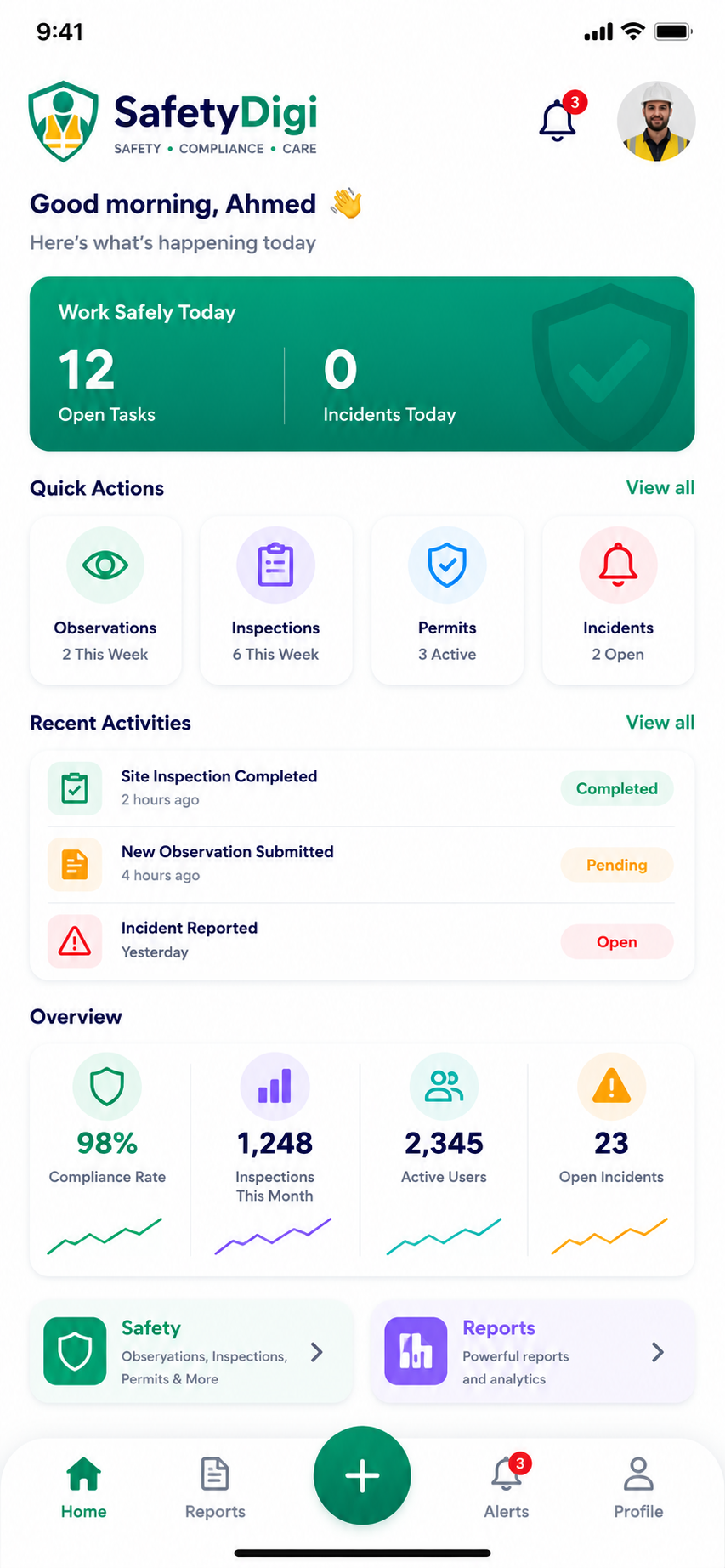Safety Digi dashboard — daily overview, quick actions and HSE statistics