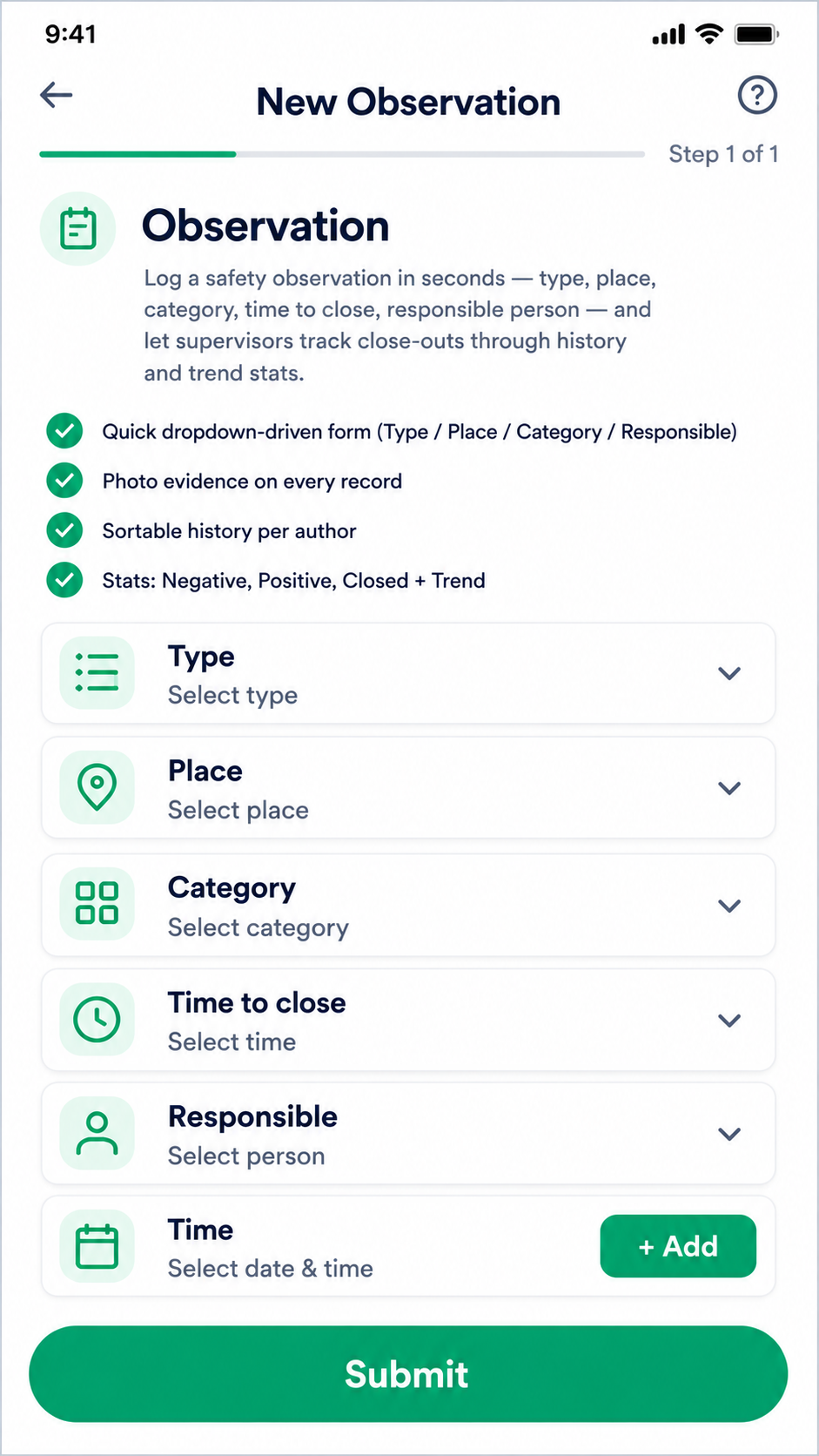 New Observation form — type, place, category, responsible person and time