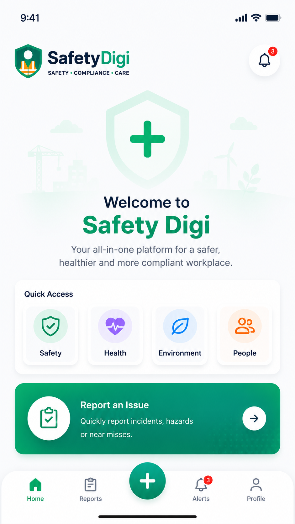 Welcome screen — quick access to Safety, Health, Environment and People