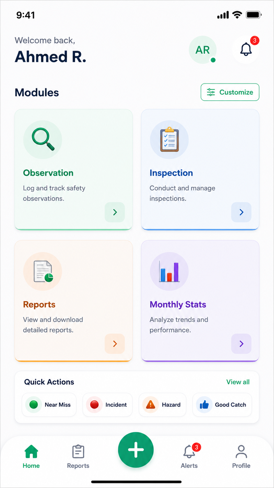 Modules home — Observation, Inspection, Reports and Monthly Stats
