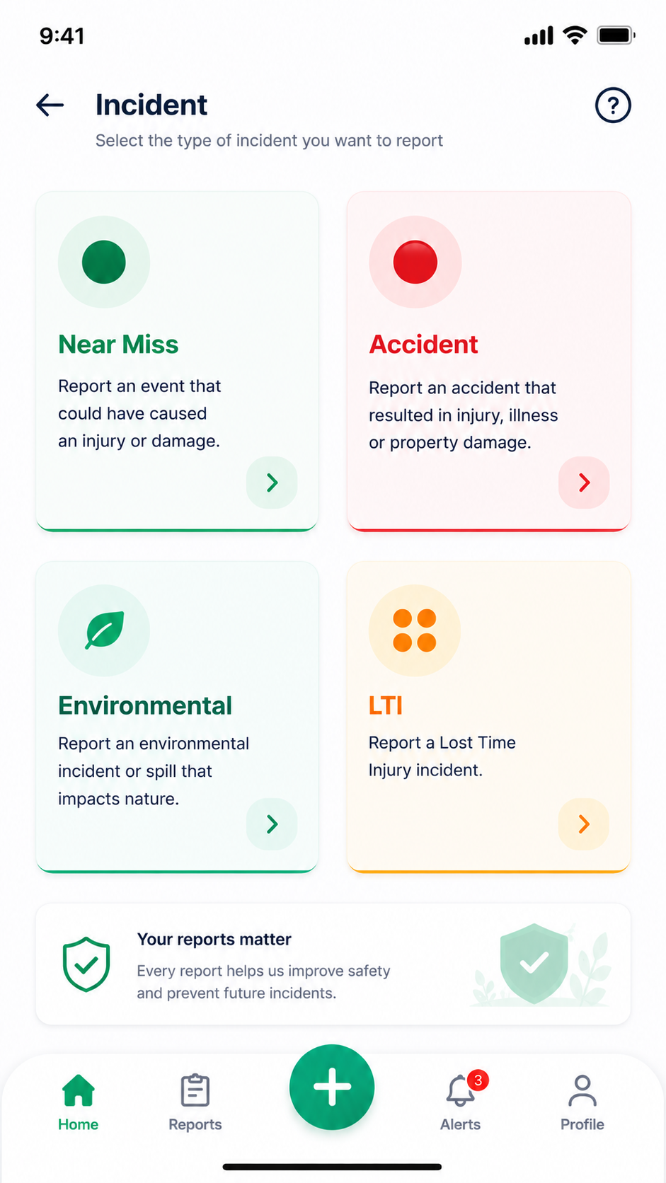 Incident type selection — Near miss, Accident, Environmental and LTI